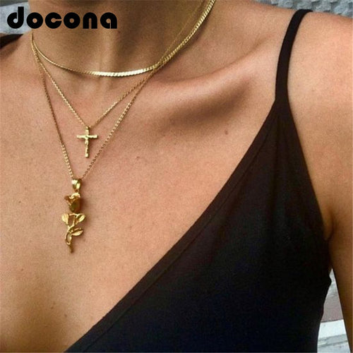 Vintage Gold Color Cross Rose Flower Necklace